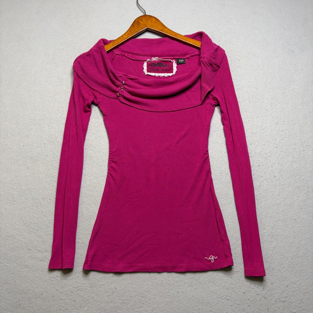 Guess Jeans Top Womens Medium Pink Cowl Neck Ribbed Long Sleeve‎ Y2K Ruched Logo